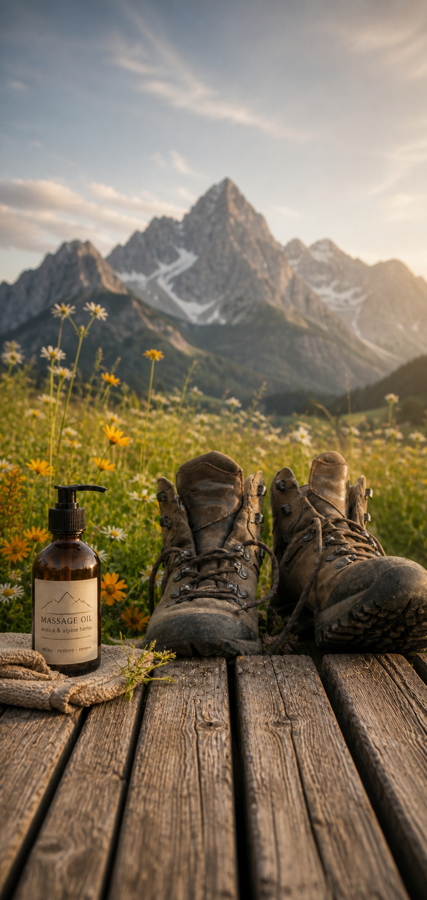 Hiking boots and massage oil with mountain view